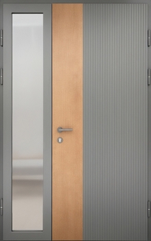 Полуторная стальная термодверь со стеклом сбоку и комбинированной отделкой МДФ серого цвета Полуторная стальная термодверь со стеклом сбоку и комбинированной отделкой МДФ серого цвета